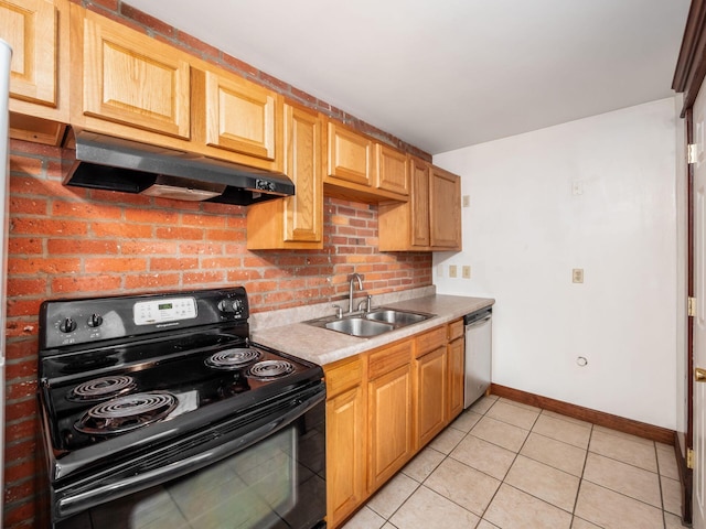 1360 S High St, Columbus, OH 43207 - kitchen featuring black range with electric cooktop, under cabinet range hood, stainless steel dishwasher, light countertops, and light tile patterned flooring