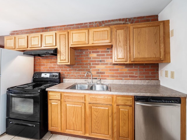 1360 S High St, Columbus, OH 43207 - kitchen featuring dishwasher, black range with electric cooktop, under cabinet range hood, light tile patterned floors, and light countertops