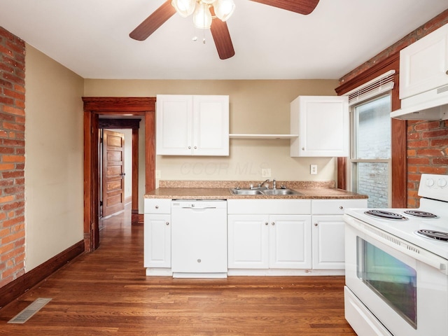 1360 S High St, Columbus, OH 43207 - kitchen featuring white appliances, under cabinet range hood, a ceiling fan, wood finished floors, and white cabinets