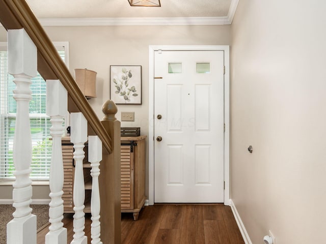 3538 Rosburg Dr, Columbus, OH 43228 - foyer with dark wood-type flooring, stairway, and crown molding
