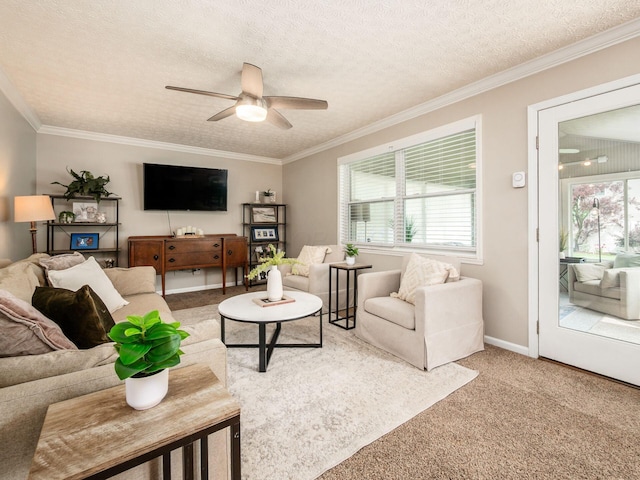 3538 Rosburg Dr, Columbus, OH 43228 - carpeted living room featuring a ceiling fan, crown molding, and a textured ceiling