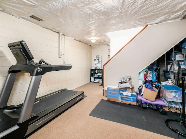 3538 Rosburg Dr, Columbus, OH 43228 - workout room with concrete block wall and carpet floors