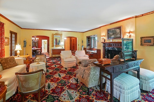 2475 Signal Hill Rd, Springfield, OH 45504 - living room with arched walkways, a premium fireplace, a chandelier, and crown molding