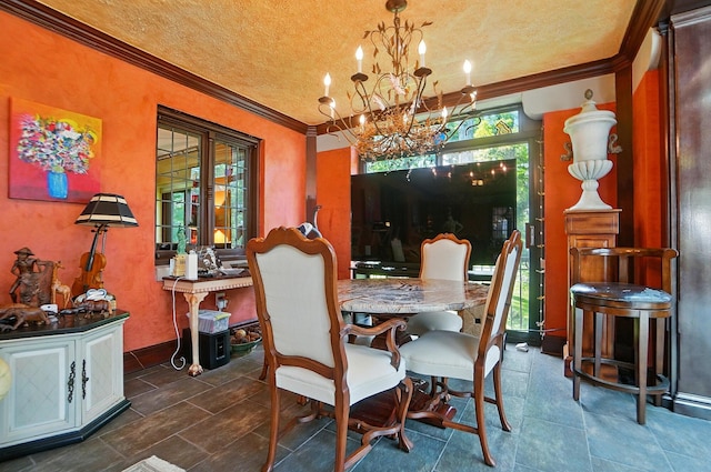 2475 Signal Hill Rd, Springfield, OH 45504 - dining space featuring ornamental molding, a chandelier, and a textured ceiling