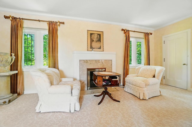 2475 Signal Hill Rd, Springfield, OH 45504 - sitting room with a high end fireplace, crown molding, and carpet flooring