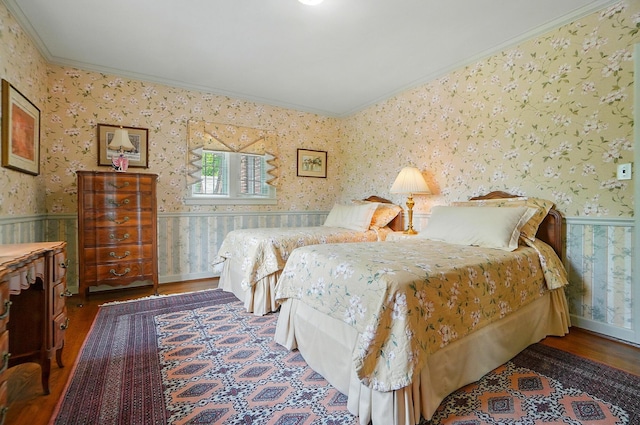 2475 Signal Hill Rd, Springfield, OH 45504 - bedroom featuring crown molding, wallpapered walls, wood finished floors, and a wainscoted wall