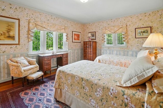 2475 Signal Hill Rd, Springfield, OH 45504 - bedroom featuring ornamental molding, wallpapered walls, dark wood-style flooring, and wainscoting
