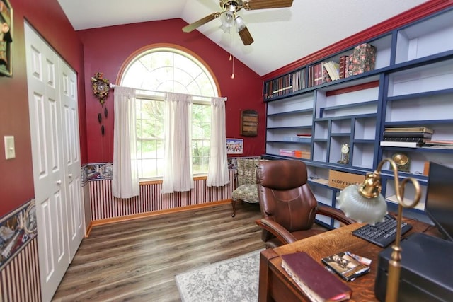 264 Ridgeway Dr, Howard, OH 43028 - office with wood finished floors, a ceiling fan, and vaulted ceiling