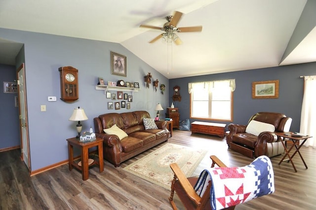 264 Ridgeway Dr, Howard, OH 43028 - living area featuring vaulted ceiling, a ceiling fan, and wood finished floors