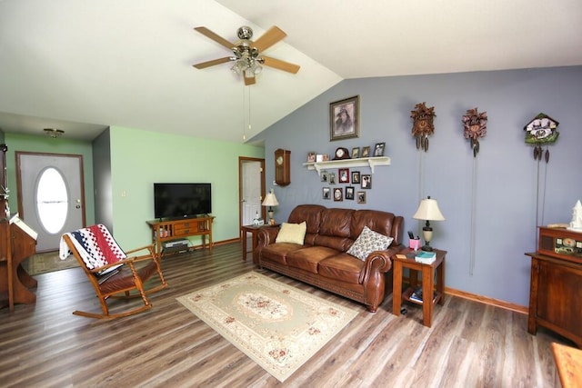 264 Ridgeway Dr, Howard, OH 43028 - living area with a ceiling fan, wood finished floors, and lofted ceiling