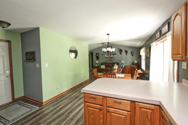 264 Ridgeway Dr, Howard, OH 43028 - kitchen with dark wood finished floors, a chandelier, lofted ceiling, open floor plan, and light countertops