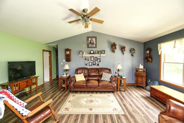 264 Ridgeway Dr, Howard, OH 43028 - living room featuring wood finished floors, a ceiling fan, and lofted ceiling