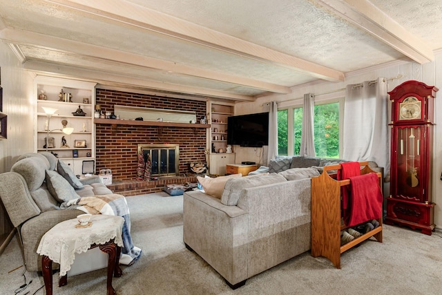 6103 Renner Rd, Columbus, OH 43228 - carpeted living area featuring beamed ceiling, a textured ceiling, a brick fireplace, and built in features