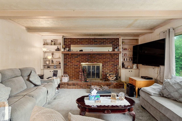 6103 Renner Rd, Columbus, OH 43228 - carpeted living area featuring beam ceiling, built in shelves, a brick fireplace, and ornamental molding