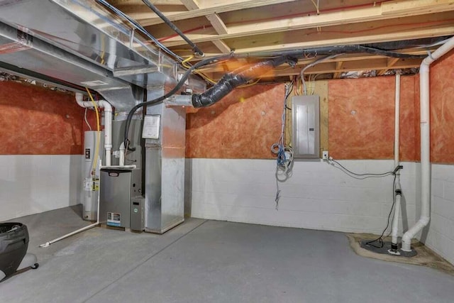 117 Sparrow Ct, Pickerington, OH 43147 - unfinished below grade area featuring electric panel, concrete block wall, electric water heater, and heating unit