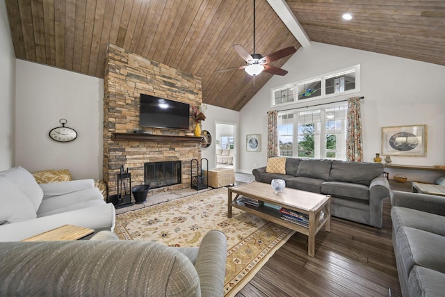 124 Dutch Ridge Way, Johnstown, OH 43031 - living room featuring high vaulted ceiling, ceiling fan, a fireplace, wood finished floors, and a wooden ceiling with exposed beams