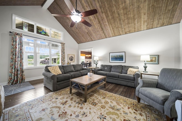 124 Dutch Ridge Way, Johnstown, OH 43031 - living area featuring hardwood / wood-style flooring, high vaulted ceiling, a ceiling fan, and wood ceiling