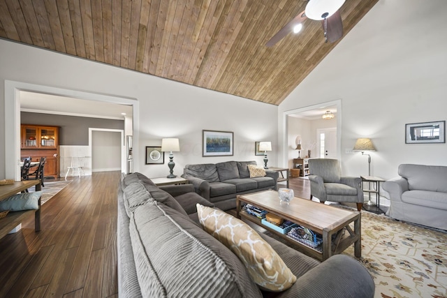 124 Dutch Ridge Way, Johnstown, OH 43031 - living room featuring ceiling fan, high vaulted ceiling, wood finished floors, and wainscoting