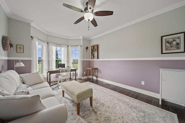 124 Dutch Ridge Way, Johnstown, OH 43031 - living area featuring ceiling fan, wood finished floors, and ornamental molding