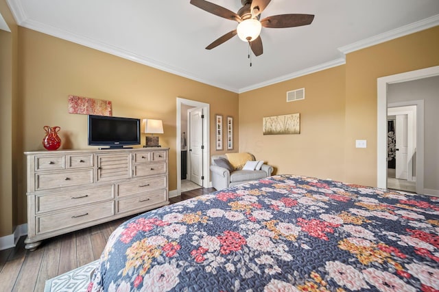 124 Dutch Ridge Way, Johnstown, OH 43031 - bedroom with crown molding, wood finished floors, and ceiling fan