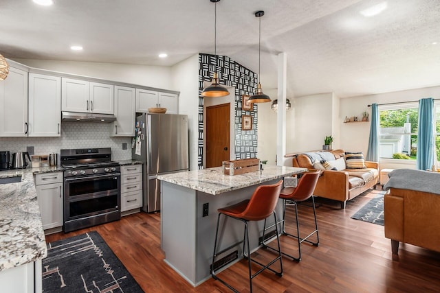 658 Academy Dr, Galloway, OH 43119 - kitchen with double oven range, lofted ceiling, freestanding refrigerator, under cabinet range hood, and open floor plan