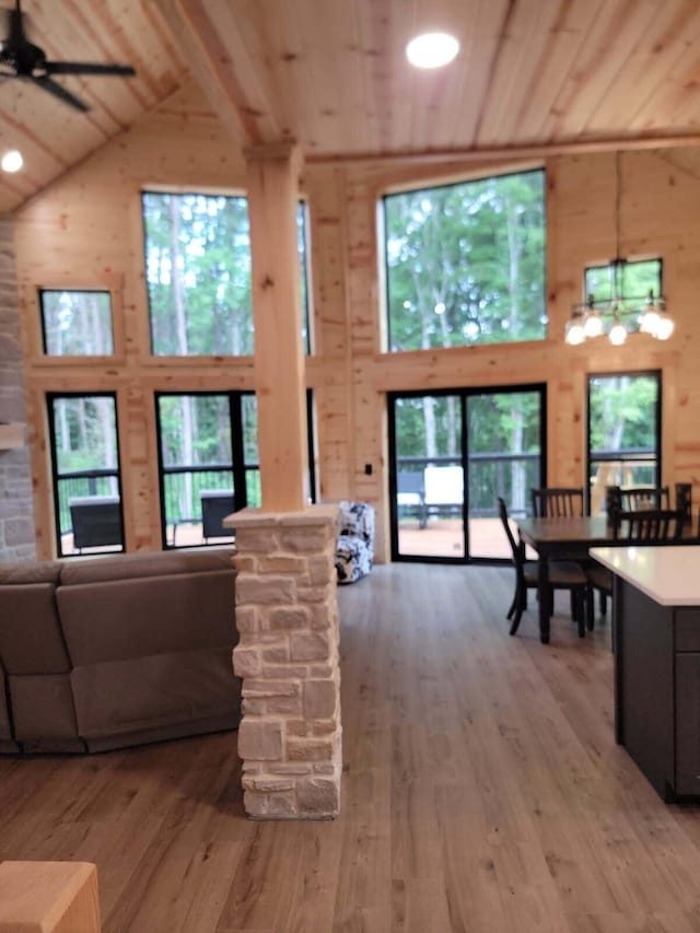 18358 Buckingham Rd, Logan, OH 43138 - living area featuring high vaulted ceiling, wooden ceiling, a ceiling fan, wood finished floors, and wood walls