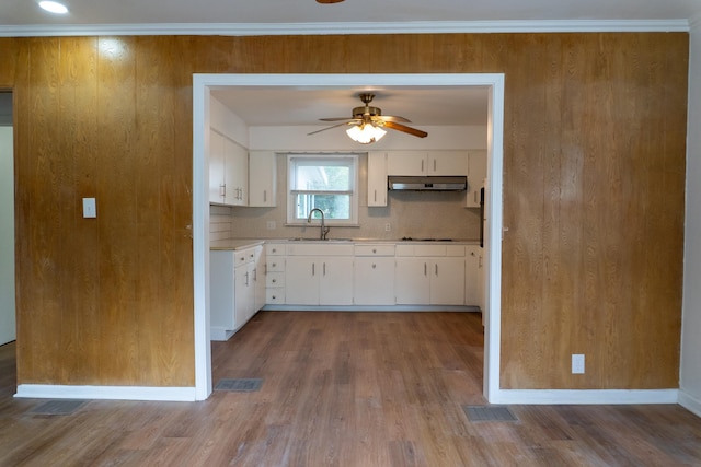 139 S Ashburton Rd, Columbus, OH 43213 - kitchen with under cabinet range hood, a ceiling fan, light countertops, wood finished floors, and white cabinets