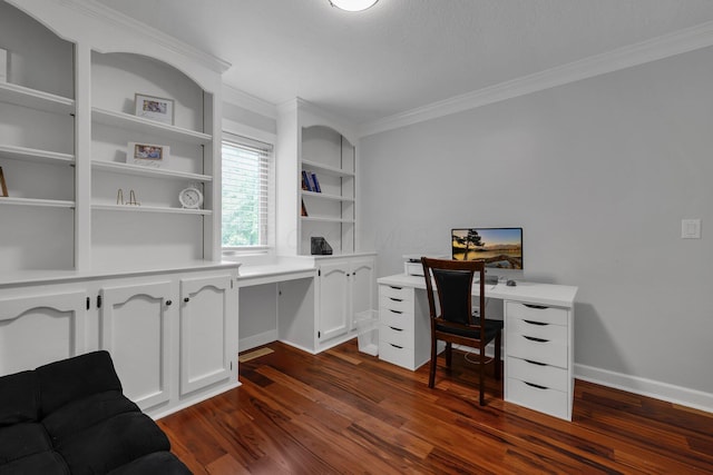 7732 Quarry Cliff Ct, Reynoldsburg, OH 43068 - office area featuring crown molding, dark wood finished floors, and built in desk