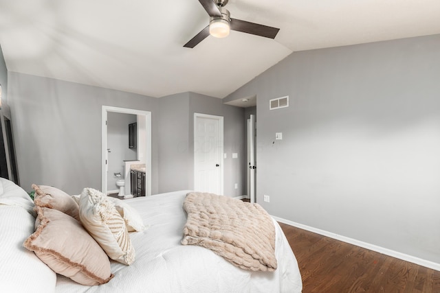 7774 Kingman Pl, Lewis Center, OH 43035 - bedroom featuring dark wood finished floors, vaulted ceiling, connected bathroom, and a ceiling fan