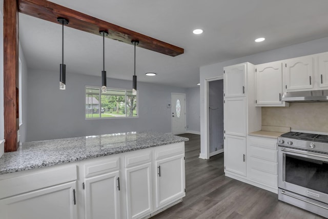 3749 Dort Pl, Columbus, OH 43227 - kitchen with stainless steel range with gas cooktop, under cabinet range hood, white cabinetry, recessed lighting, and dark wood-style floors