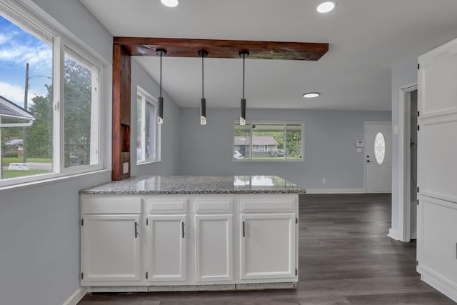 3749 Dort Pl, Columbus, OH 43227 - kitchen featuring a peninsula, white cabinetry, dark wood-style floors, recessed lighting, and light stone counters