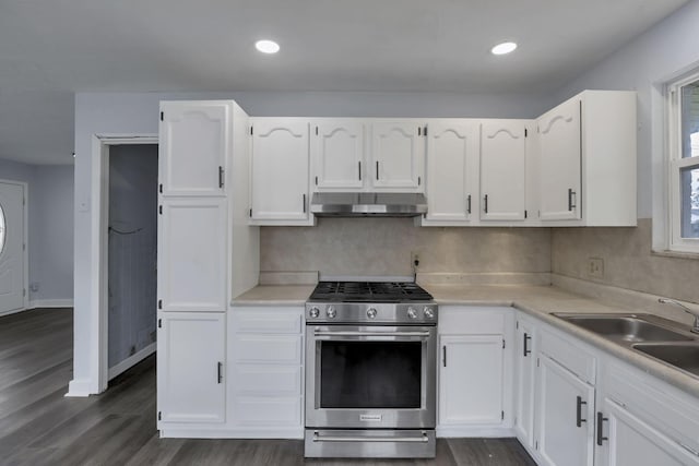 3749 Dort Pl, Columbus, OH 43227 - kitchen with stainless steel range with gas stovetop, under cabinet range hood, white cabinetry, dark wood-style floors, and recessed lighting