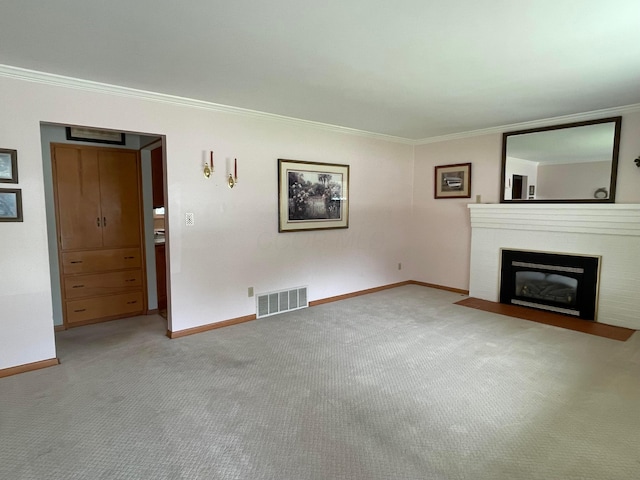 2666 Eugene Ave, Grove City, OH 43123 - unfurnished living room featuring ornamental molding, carpet, and a fireplace with flush hearth
