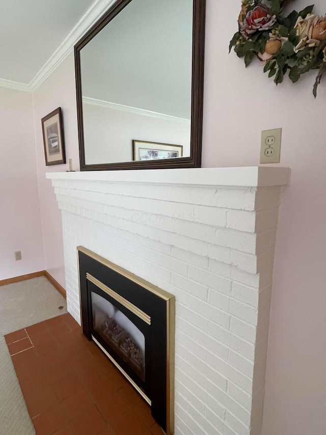 2666 Eugene Ave, Grove City, OH 43123 - detailed view of a brick fireplace, ornamental molding, and carpet flooring