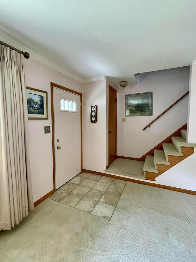 2666 Eugene Ave, Grove City, OH 43123 - entrance foyer featuring light carpet, stairway, and crown molding