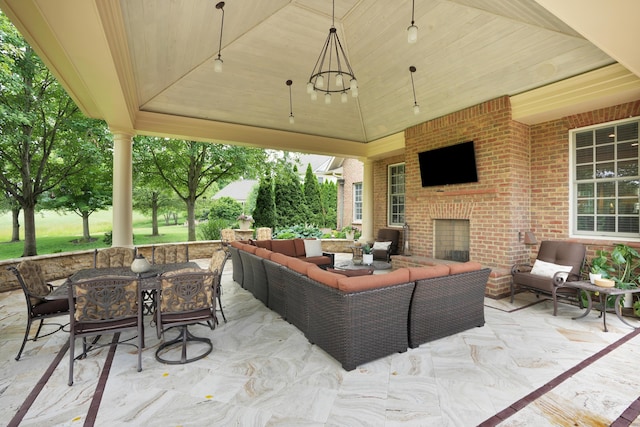 10277 Mackenzie Way, Dublin, OH 43017 - view of patio / terrace featuring an outdoor living space with a fireplace, a gazebo, and outdoor dining space