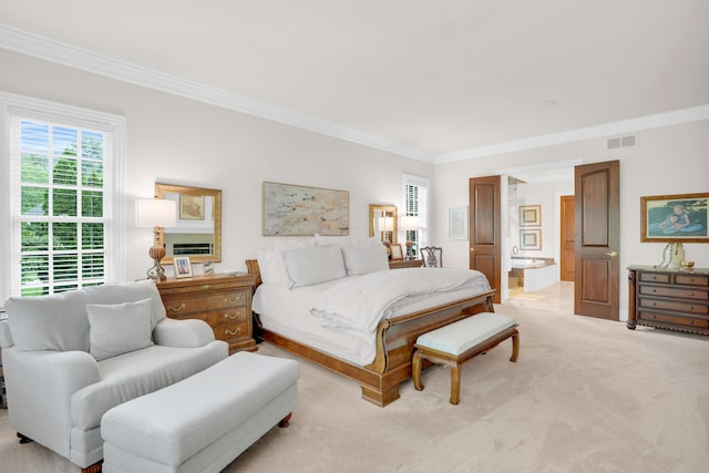 10277 Mackenzie Way, Dublin, OH 43017 - bedroom with crown molding, light colored carpet, and ensuite bathroom