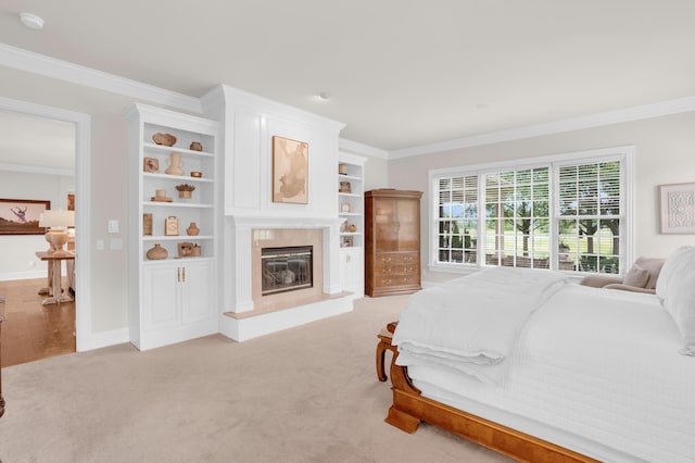 10277 Mackenzie Way, Dublin, OH 43017 - bedroom with crown molding, a premium fireplace, and light carpet