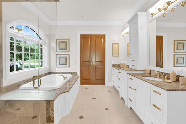 10277 Mackenzie Way, Dublin, OH 43017 - bathroom featuring vanity, a garden tub, tile patterned flooring, ornamental molding, and a shower with shower door