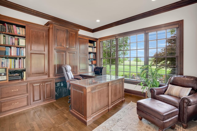 10277 Mackenzie Way, Dublin, OH 43017 - office area with crown molding, dark wood finished floors, and recessed lighting