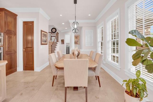 10277 Mackenzie Way, Dublin, OH 43017 - dining space with stairs, crown molding, a chandelier, recessed lighting, and light tile patterned floors
