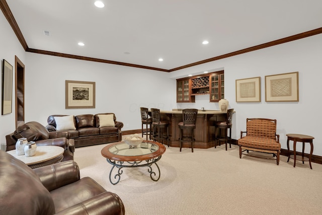 10277 Mackenzie Way, Dublin, OH 43017 - living area with wet bar, recessed lighting, ornamental molding, and light carpet