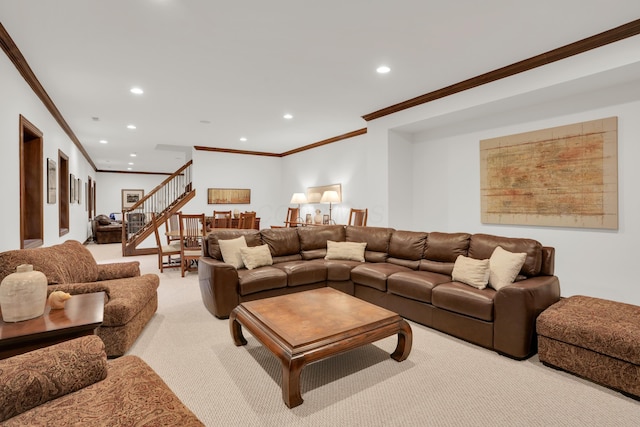 10277 Mackenzie Way, Dublin, OH 43017 - living room featuring recessed lighting, light carpet, stairway, and ornamental molding