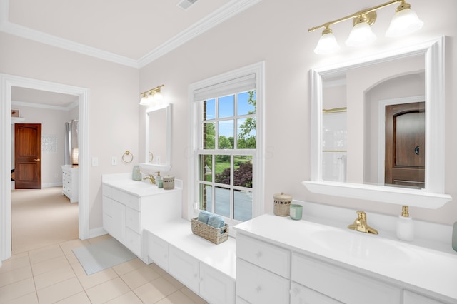 10277 Mackenzie Way, Dublin, OH 43017 - full bath with crown molding, two vanities, and tile patterned flooring