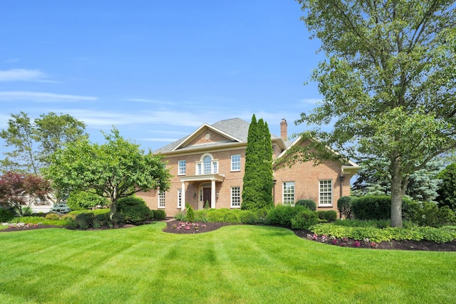 10277 Mackenzie Way, Dublin, OH 43017 - colonial-style house featuring a front lawn, a chimney, and brick siding