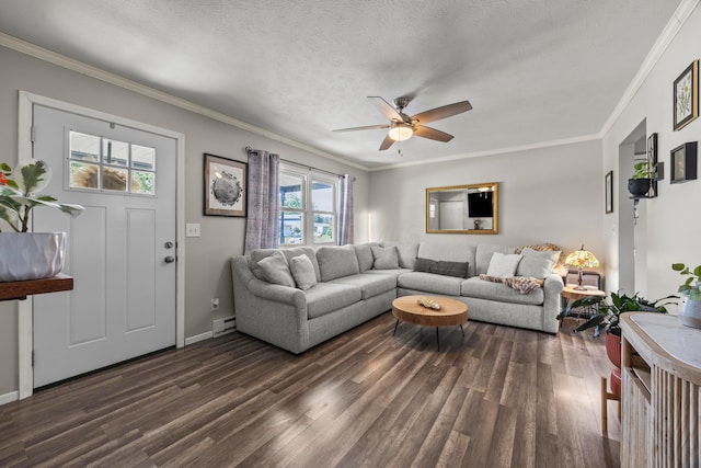 876 Kirkwood Dr, West Jefferson, OH 43162 - living room featuring dark wood-style floors, a ceiling fan, crown molding, a textured ceiling, and a baseboard heating unit