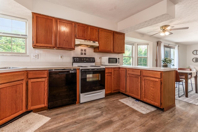 3351 Lindstrom Dr, Columbus, OH 43228 - kitchen featuring dishwasher, electric stove, under cabinet range hood, white microwave, and a peninsula