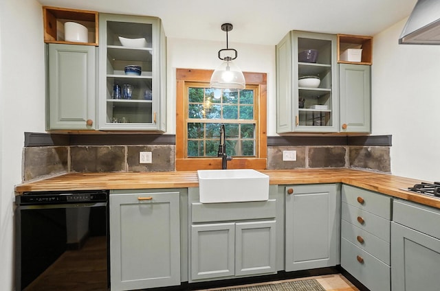 2620 Edgevale Rd, Columbus, OH 43221 - kitchen featuring wooden counters, black dishwasher, backsplash, and open shelves