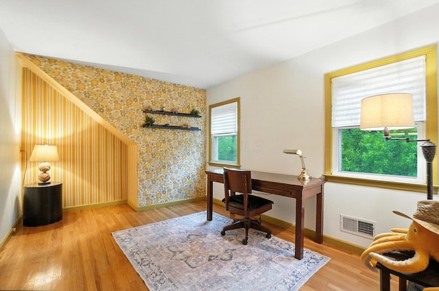 2620 Edgevale Rd, Columbus, OH 43221 - office area with wallpapered walls and wood finished floors