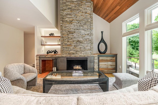 150 Pinehurst Dr, Granville, OH 43023 - living area featuring a fireplace, wood finished floors, high vaulted ceiling, and wood ceiling